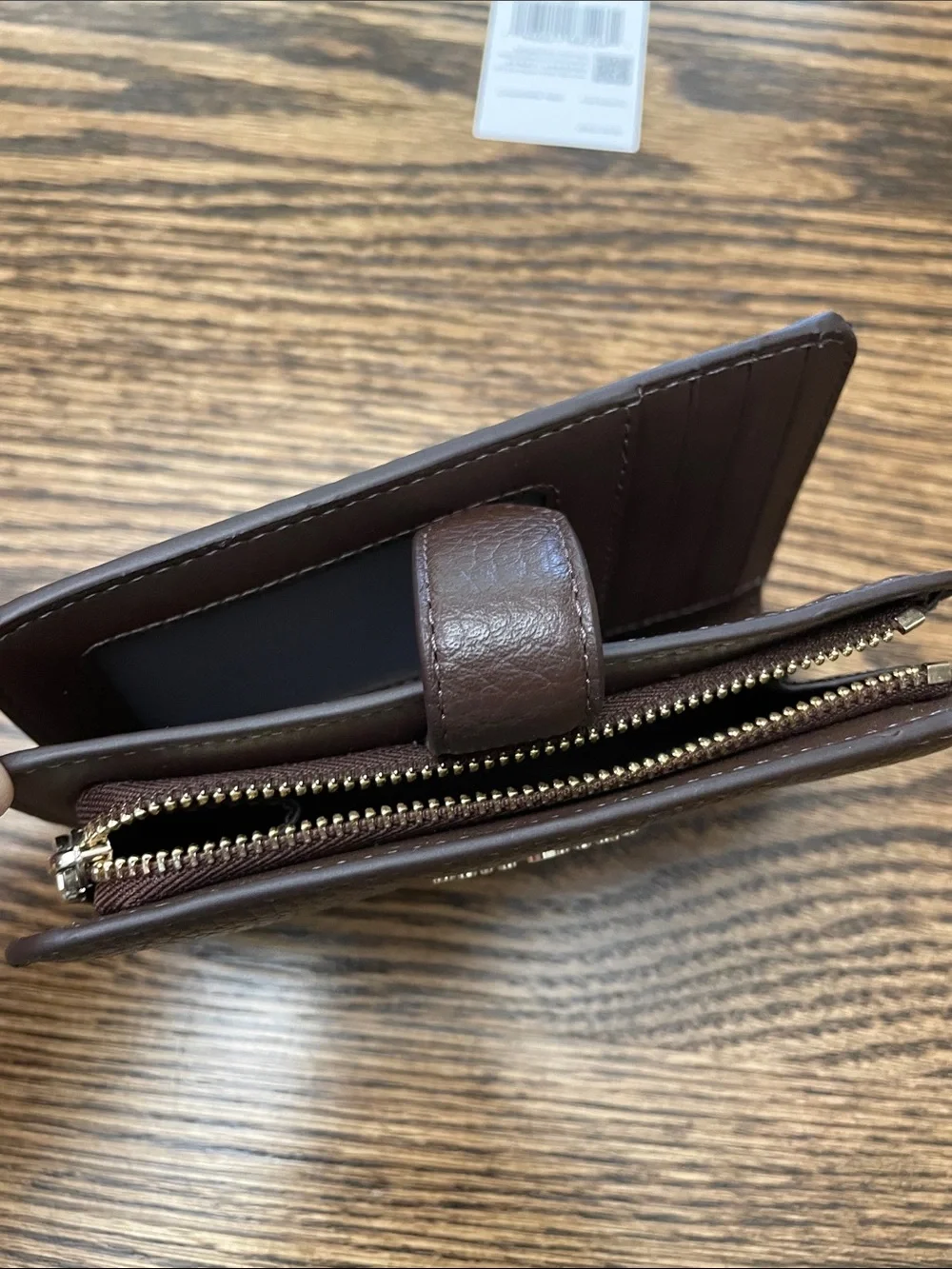 NWT kate spade brown pebbled leather zip wallet with gold logo